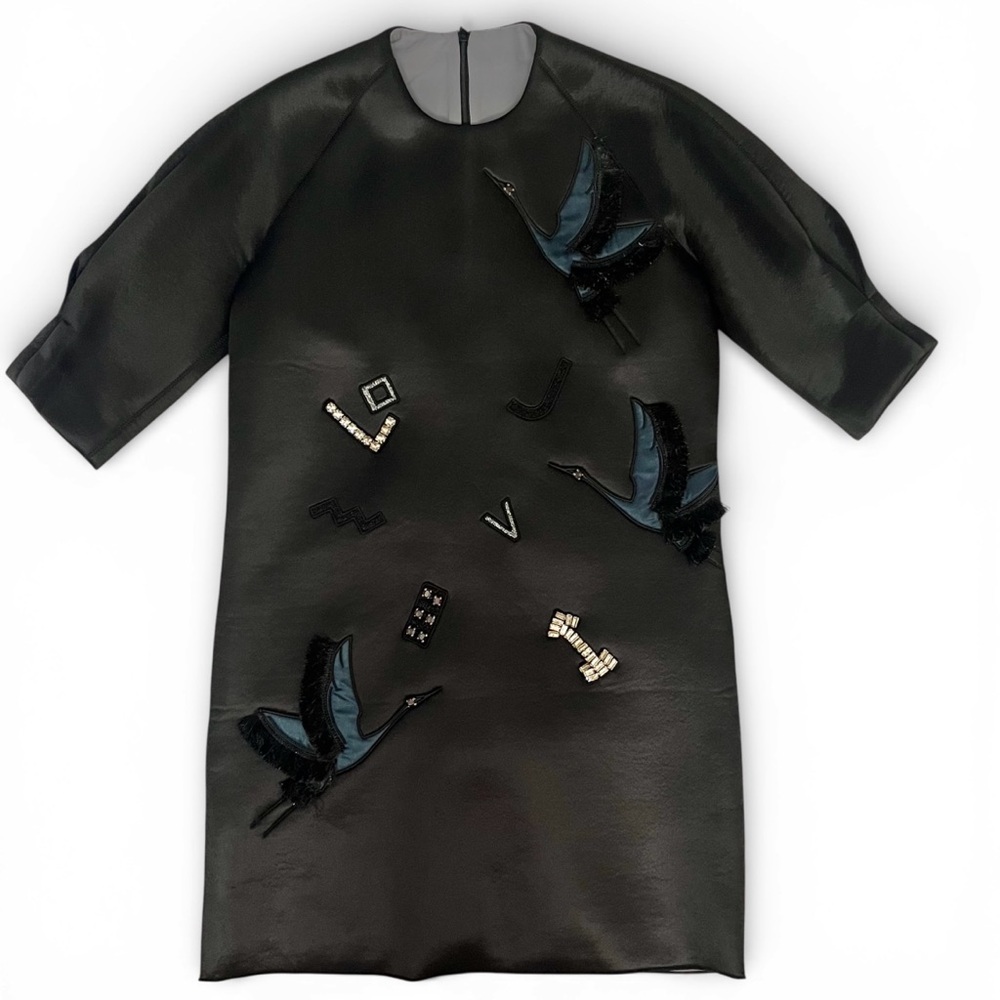 MO&Co Black Neoprene Midi Shift Dress Puff Sleeve Embellished Cranes medium